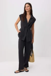 TRENDYOLMİLLA Black Oversized Vest Pants Weaving Bottom - Top Set