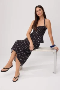 TRENDYOLMİLLA Black-WHITE Puantiye Sleeveless Blouse Midi Skirt Weaving Bottom&Top Bottom - Top Set - Image 2