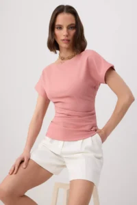 TRENDYOLMİLLA Pink Fitted Boat Neck Drop Sleeve Short Sleeve Scuba Crepe Knitting Blouse - Image 2