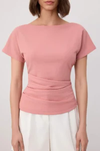 TRENDYOLMİLLA Pink Fitted Boat Neck Drop Sleeve Short Sleeve Scuba Crepe Knitting Blouse - Image 3