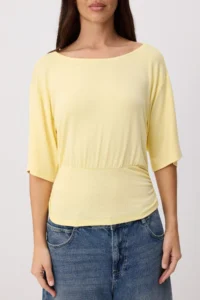 TRENDYOLMİLLA Yellow Plain Regular/Normal Pattern Asymmetric Collar Premium Soft Knitting Blouse - Image 3