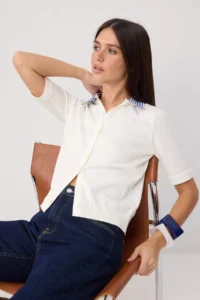 TRENDYOLMİLLA Ecru Limited Edition Shirt Collar Garnili Color Bloklu Thin Blouse - Image 2
