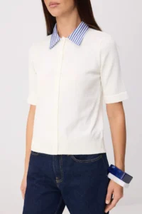 TRENDYOLMİLLA Ecru Limited Edition Shirt Collar Garnili Color Bloklu Thin Blouse - Image 3