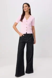 TRENDYOLMİLLA Pink Button Detailed V-neck Knitwear Blouse - Image 2