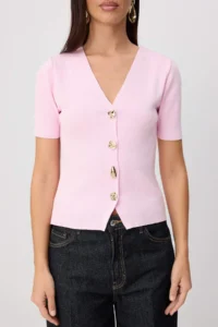 TRENDYOLMİLLA Pink Button Detailed V-neck Knitwear Blouse - Image 3