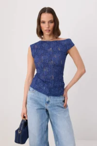 TRENDYOLMİLLA Navy Blue Polka Dot Fitted Asymmetric Collar Sleeveless Lace Knitting Blouse