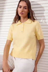 TRENDYOLMİLLA Yellow Polo Shirt Collar Soft textured Stone Button Detailed Knitwear Blouse - Image 2