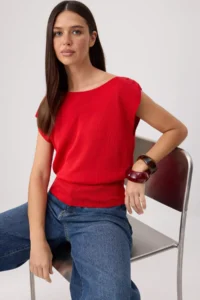 TRENDYOLMİLLA Red Summer Special Yarn Boat Neck Waisted Knitwear Blouse - Image 2
