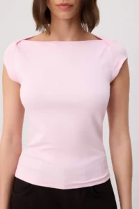 TRENDYOLMİLLA Light Pink Fitted Boat Neck Short Sleeve Soft Knitting Blouse - Image 3