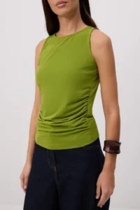 TRENDYOLMİLLA Oil Green Plain Fitted Boat Neck Standard Sleeve Sleeveless Flexible Knitting Blouse - Image 3