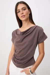 TRENDYOLMİLLA Light Brown Premium Lyocell Content Off-Shoulder Neck Stone Detailed Soft Knitting Blouse - Image 2