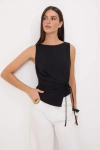 TRENDYOLMİLLA Black Plain Fitted Boat Neck Thick Sleeveless Sleeveless Scuba Crepe Knitting Blouse - Image 2
