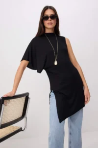 TRENDYOLMİLLA Black Regular/Normal Pattern Dog collar Bat Arm Short Sleeve Maxi Soft Knitting Blouse