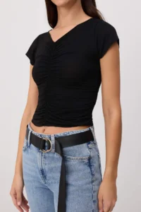 TRENDYOLMİLLA Black Fitted V-neck Short Sleeve Shirred Soft Knitting Blouse - Image 3