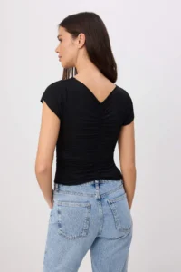 TRENDYOLMİLLA Black Fitted V-neck Short Sleeve Shirred Soft Knitting Blouse - Image 4