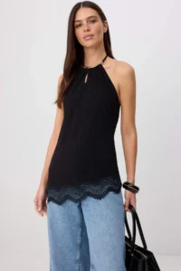 TRENDYOLMİLLA Black Regular/Normal Pattern Barbell Neck Accessory Detailed Flexible Knitting Blouse - Image 2