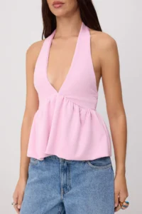 TRENDYOLMİLLA Pink Fitted Barbell Neck Shirred Paper Touch Knitting Blouse - Image 3