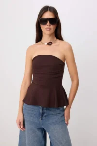 TRENDYOLMİLLA Brown Fitted Strapless Sleeveless Soft Touch Knitting Blouse