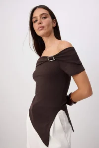 TRENDYOLMİLLA Brown Plain Fitted Carmen Collar Knitting Blouse