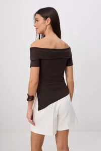 TRENDYOLMİLLA Brown Plain Fitted Carmen Collar Knitting Blouse - Image 4