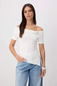 TRENDYOLMİLLA Ecru Plain Fitted Carmen Collar Knitting Blouse - Image 2