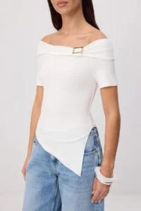 TRENDYOLMİLLA Ecru Plain Fitted Carmen Collar Knitting Blouse - Image 3