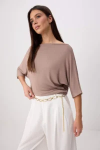 TRENDYOLMİLLA Dark Mink Regular/Normal Pattern Off-Shoulder Neck Short Sleeve Soft Knitting Blouse