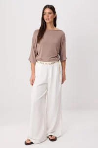 TRENDYOLMİLLA Dark Mink Regular/Normal Pattern Off-Shoulder Neck Short Sleeve Soft Knitting Blouse - Image 2