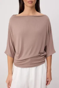 TRENDYOLMİLLA Dark Mink Regular/Normal Pattern Off-Shoulder Neck Short Sleeve Soft Knitting Blouse - Image 3