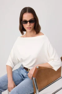TRENDYOLMİLLA Ecru Regular/Normal Pattern Off-Shoulder Neck Short Sleeve Soft Knitting Blouse - Image 2