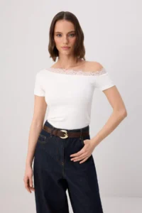 TRENDYOLMİLLA Ecru Fitted Boat Neck Lace Detailed Crop/Short Soft Knitting Blouse