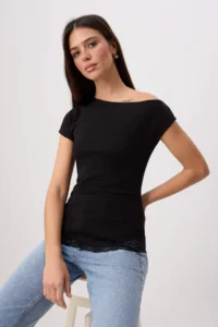 TRENDYOLMİLLA Black Fitted Boat Neck Short Sleeve Lace Detailed Soft Knitting Blouse - Image 2