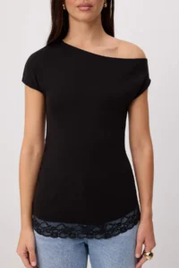 TRENDYOLMİLLA Black Fitted Boat Neck Short Sleeve Lace Detailed Soft Knitting Blouse - Image 3