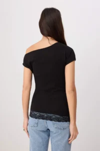 TRENDYOLMİLLA Black Fitted Boat Neck Short Sleeve Lace Detailed Soft Knitting Blouse - Image 4