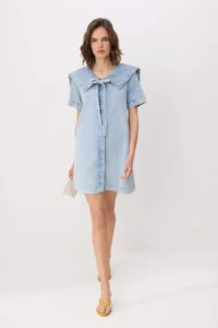 TRENDYOLMİLLA Light Blue Baby Collar Detailed 100% Cotton Mini DENIM Dress