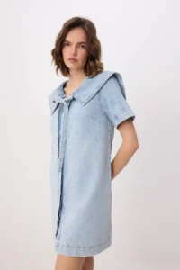TRENDYOLMİLLA Light Blue Baby Collar Detailed 100% Cotton Mini DENIM Dress - Image 2