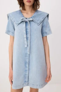 TRENDYOLMİLLA Light Blue Baby Collar Detailed 100% Cotton Mini DENIM Dress - Image 3