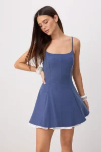 TRENDYOLMİLLA Navy Blue Skirt Ucu Detailed Godeli polyviscone Mini Weaving Dress - Image 2
