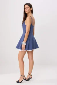 TRENDYOLMİLLA Navy Blue Skirt Ucu Detailed Godeli polyviscone Mini Weaving Dress - Image 4