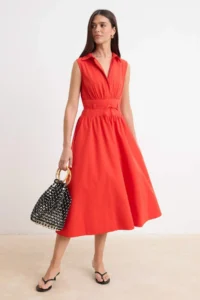 TRENDYOLMİLLA Red Belted Poplin Shirt Collar Midi Weaving Dress