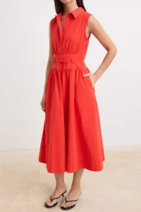 TRENDYOLMİLLA Red Belted Poplin Shirt Collar Midi Weaving Dress - Image 3