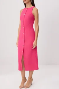 TRENDYOLMİLLA Fuchsia Button Detailed Midi Sleeveless Weaving Dress - Image 3