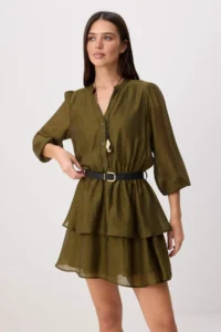 TRENDYOLMİLLA Khaki Arched with flywheel Frilly Short / Mini Weaving Dress - Image 2