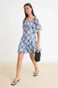 TRENDYOLMİLLA Mavi Plaid / Checkered Skirt with Handkerchief Mini Siphon Weaving Dress