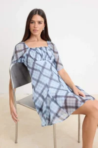 TRENDYOLMİLLA Mavi Plaid / Checkered Skirt with Handkerchief Mini Siphon Weaving Dress - Image 2
