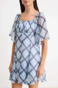 TRENDYOLMİLLA Mavi Plaid / Checkered Skirt with Handkerchief Mini Siphon Weaving Dress - Image 3