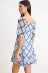 TRENDYOLMİLLA Mavi Plaid / Checkered Skirt with Handkerchief Mini Siphon Weaving Dress - Image 4