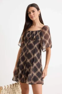 TRENDYOLMİLLA Brown Plaid / Checkered Skirt with Handkerchief Mini Siphon Weaving Dress - Image 2