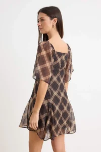 TRENDYOLMİLLA Brown Plaid / Checkered Skirt with Handkerchief Mini Siphon Weaving Dress - Image 4