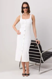 TRENDYOLMİLLA Ecru Button Detailed Medium Flexible Midi DENIM Dress